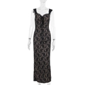 Detailed view of the elegant black floral lace fabric and scallop trim on the midi dress - S / Black