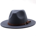 Detail of grey-blue wool fedora hat featuring a brown leather band and silver buckle - Dark Gray