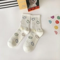 White cotton crew socks for women featuring colorful smiley faces in Korean street style - One Size / White Colored Smiley