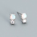 Minimalist S925 silver stud earrings featuring round opal and cubic zirconia accents - Platinum (White Opal)