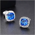 Elegant sterling silver stud earrings featuring square blue gemstones and halo zircon accents - Silver Blue Rhinestone