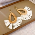 Bohemian woven rattan teardrop earrings with white tassels and gold screw clips - 50# Bohemian Rattan Tassel Ear Clip - Gold