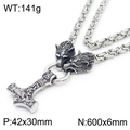 Silver Viking Mjolnir necklace with twin wolf heads on a stainless steel king chain - Steel Color (KN238296-MZOZ)