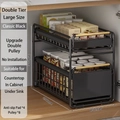 2-tier black metal pull-out kitchen sink organizer with wooden handles for cabinets - Double Tier Large / Classic Black