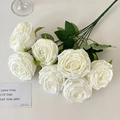 Elegant bundle of seven artificial white silk roses with green leaves for home decor - White