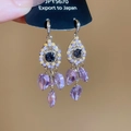 Silver needle earrings featuring purple heart crystals and blue rhinestone tassels - Silver-Purple-Multi-layer Waterdrop