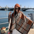 Poncho ethnique à capuche avec motif à carreaux orange et marron pour voyage - LM0298 Quadrillage Épais - Café