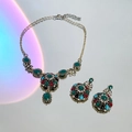 Vintage bronze jewelry set with colorful rhinestones featuring a floral necklace and earrings - 22# Necklace - Multicolored - 2-Piece Set (Vintage Ethnic Style)