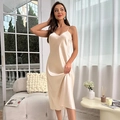 Elegant champagne satin slip nightgown with thin straps and a deep V-neckline - S / Champagne