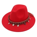 Detail of red fedora hat with bohemian woven band and silver metal pendant charms - M (56-58cm) / Red