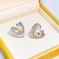 Silver-plated heart crystal stud earrings with iridescent opal in a jewelry gift box - E2931-4 Silver Wings Heart Iridescent Stud Earrings