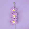 Macro detail of hand-crocheted purple orchids with three blooms and green buds - Three Orchid Branches / Purple
