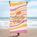 Rectangle beach towel with pink and yellow wavy stripes and Good Vibes cherry design - Retro Cherry Wave Stripes (STJ-019-020)