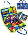 Felt busy board for toddlers in handbag style with clock and dinosaur learning modules - Blue 3-Page Style / 44x28cm