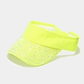 Detail of neon green visor hat showing colorful rhinestones and 100% polyester label - Adjustable / Yellow