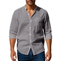 Detail of grey linen shirt for men featuring a mandarin collar and single breasted buttons - Dark Gray