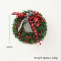 25cm Christmas wreath with pine cones red berries and red black plaid ribbon bow - 25cm Double Layer Bow Wreath (200g)