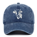 Close-up of a white cow head embroidery on a vintage navy blue washed cotton baseball cap - Adjustable / Navy Blue