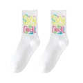 White mid-calf athletic socks with colorful Stay Cool text and smiley face patterns - One Size (Plus Size) / STAY COOL Smiley / White No.02