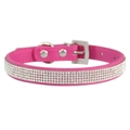 Sparkling pink leather pet collar with five rows of rhinestones and silver metal buckle - Rose Red