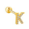 Golden letter K cartilage stud earring with cubic zirconia and screw ball back - Letter K
