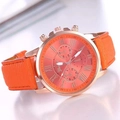 Fashionable Geneva quartz watch with orange leather strap and rose gold Roman dial - Orange