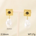 Pendientes cuadrados dorados con ojo de gato negro y perla barroca blanca colgante - Dorado