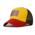 Detail of breathable trucker hat with American flag patch and yellow foam front panel - Red and Yellow