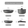 5-piece non-stick grey granite cookware set with detachable handle and dimensions - 6-piece Set | [family Pack] Volcanic Ash | Free Pot Holder / Brand New Secondary Lock Handle