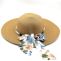Detail of bohemian straw sun hat with floral silk scarf bow and elegant pearl trim - M(56-58cm) / Khaki