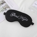 Black satin sleep mask with Good Night embroidery and adjustable strap for travel - Black