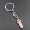 Polished rose quartz hexagonal crystal pillar keychain with silver metal ring - Rose Quartz