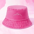Pink washed canvas bucket hat featuring white embroidered mountain peak design for daily wear - One Size / Rose Red
