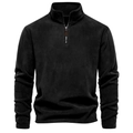 Close-up of black fleece sweatshirt featuring a stand collar and metallic zipper with leather pull - S / Black (HD08)