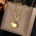 Gold double-layer heart pendant necklace with Love You More engraving on beige case - Double Layer Heart Chain Style (N913)