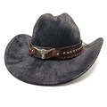Detail of western cowboy hat with brown leather belt, silver rivets and bull head buckle - M (56-58cm) / Tie-Dye Black