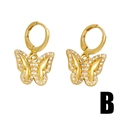 Fashionable gold butterfly drop earrings with white rhinestones on a clean white background - Style B-Butterfly/White Zirconia