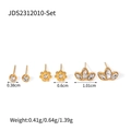 Three-pair gold stainless steel stud earrings set with zircon stones and size markers - Floral Leaf Zirconia Stud Set (JDS2312010-Set)
