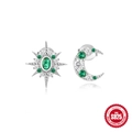 Asymmetric 925 sterling silver stud earrings featuring green star and moon motifs - Platinum Silver Star Moon Style / 925 Silver