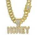 Hip hop gold Cuban chain necklace with iced out crystal MONEY letter pendant - Pendant + 50cm Cuban Chain / Gold