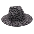 Close-up of vintage wide brim fedora hat with leopard print pattern on grey felt material - One Size / Gray