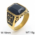 Men's vintage gold stainless steel signet ring with large black gemstone and floral carvings - Style D Gold Black (KR109915-TGX)