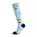 Light blue compression sock with rainbow heart pattern and black heel and toe accents - Blue Heart