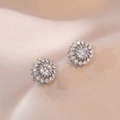 Elegant rotating flower stud earrings with sparkling round zircon in silver base - Round Radiant Flower Design (E0117) / Silver