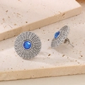 Close-up of vintage round stud earrings with blue gemstone and crystal halo - Blue & Silver