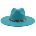 Teal wool felt fedora hat featuring a stylish wide brim and decorative gold chain accent - Adult (57-60cm) / Lake Blue (Acrylic)