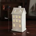 Minimalist white ceramic Christmas house light decoration, 14cm tall with LED glow - Model G - Textured House