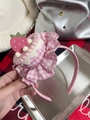 Detail of pink plaid headband with handmade felt strawberry cake decoration and cream - Pink Plaid Apron Strawberry