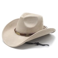 Beige suede western cowboy hat with wide brim, turquoise bead band, and wind cord - M (56-58cm) / Beige