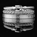 Set of three silver stainless steel bracelets featuring Roman numerals and braided textures - Steel Color Horseshoe Buckle 3-Piece Set-1